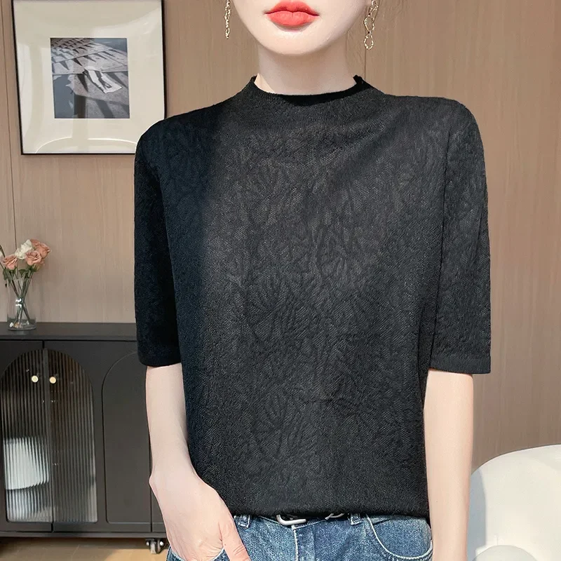 

Women's Beige Textured Half Sleeve Top Crew Neck Knitted Casual Slim Fit Blouse