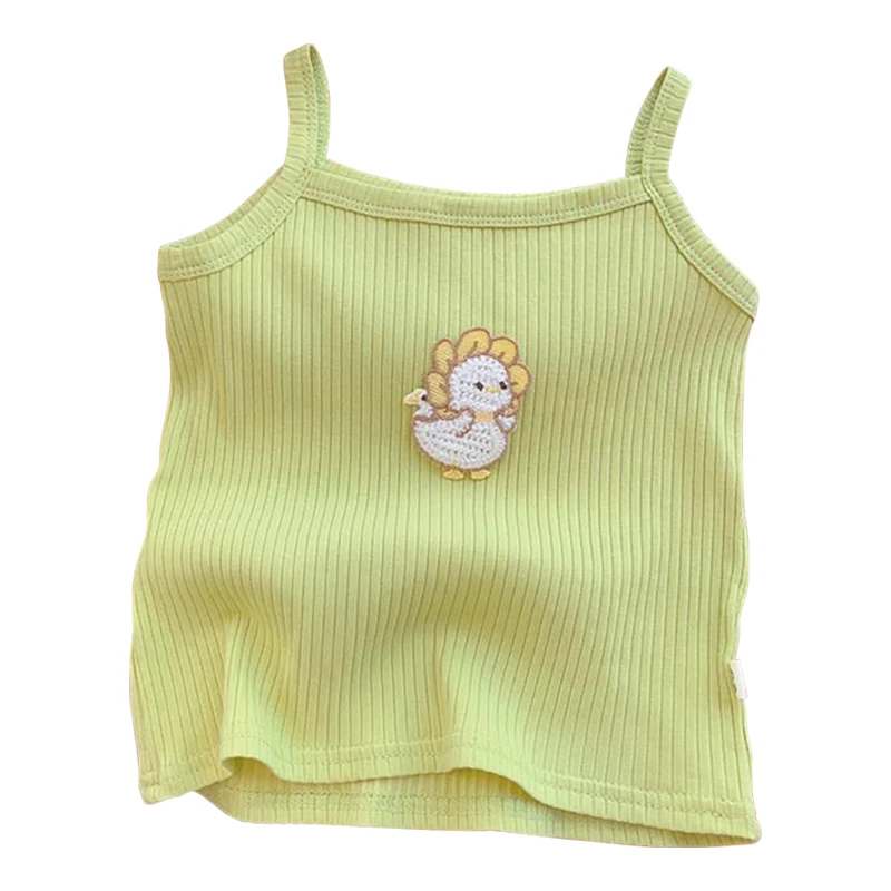 

2025 Kids Cartoon Embroidered Knitted Strap Tops Baby Girl Elastic Tank Top Summer Clothes Girls Candy Color Sleeveless Camisole