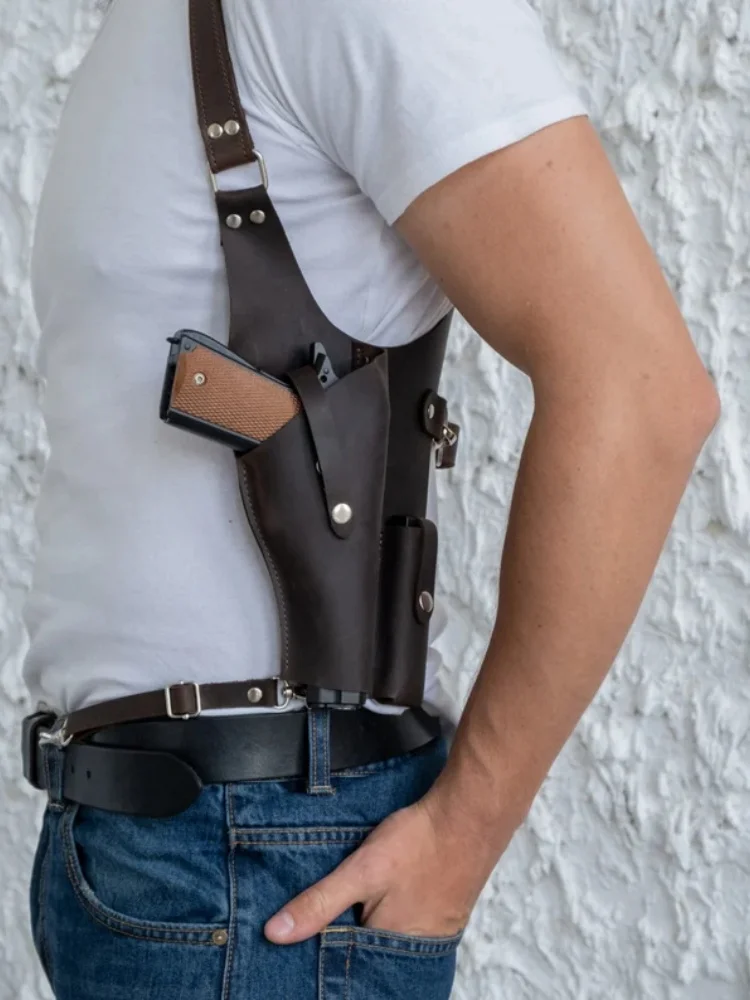 Medieval Retro Double Shoulder Straps Adjustable Outdoor Multipurpose Tactical Bag Men's Brown Messenger Bag PU Leather Gun Bag