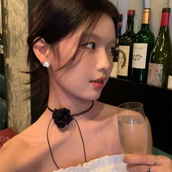 Cool Rose Bloem Kant Kraag Choker Ketting Vrouwen Temperament Sexy Zwart Lederen Wax Draad Sleutelbeen Ketting Diner Party Sieraden