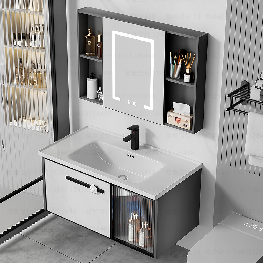 Modern wall-mounted vanity aluminium bathroom cabinet with smart mirror ceramic countertop and hotel washbasin