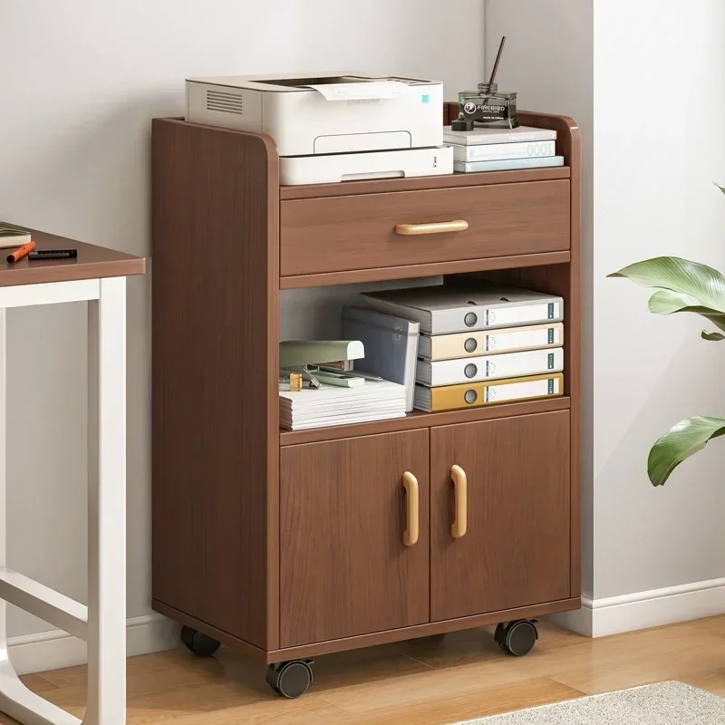 Office Storage Rack with Locking Wheels Solid Wood Printer Locker MultiLayered File Shelves Secure Document Organizer