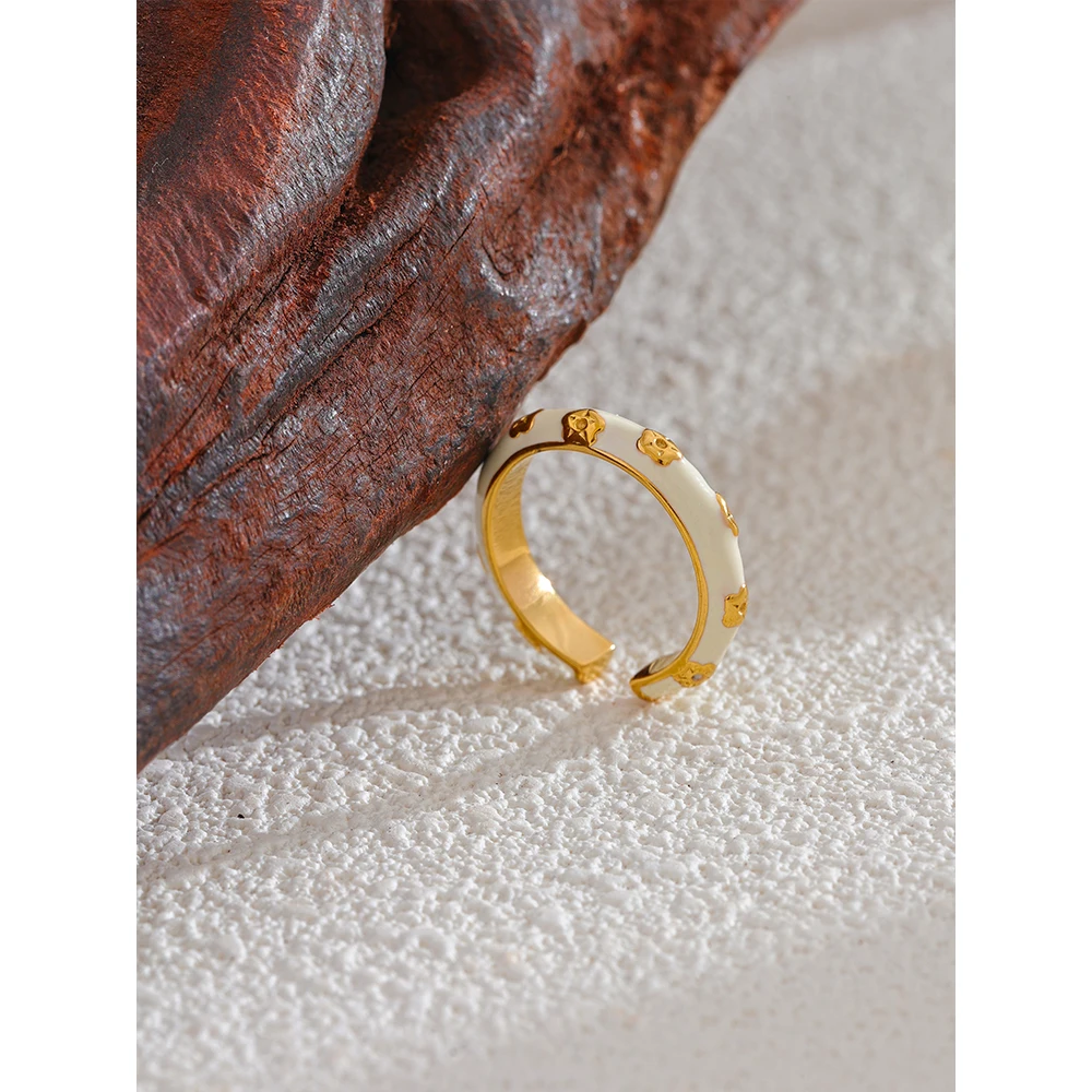 Yhpup Fashion White Enamel Stainless Steel Exquisite Open Ring Women 18K Gold PVD Plated Jewelry Stylish Accessories Gift