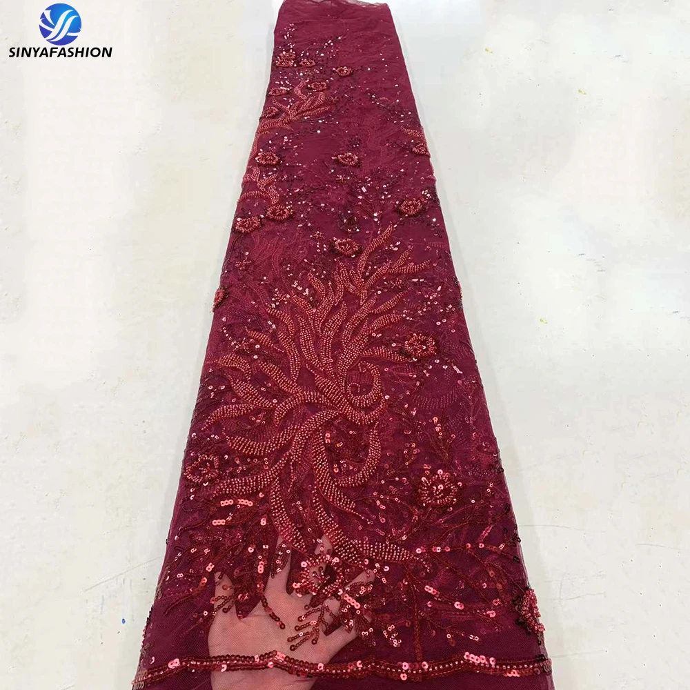 Sinya Burgundy Wine African Luxury 3D Sequins Lace Fabric 2023 High Quality Nigerian Beaded Bridal Wedding Lace For Women Dress