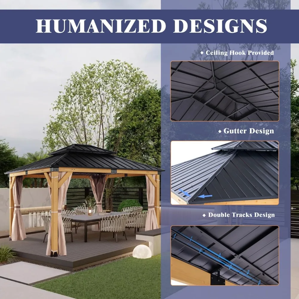 10'x12' Wood Gazebo,Patio Cedar Wood Gazebo with Mosquito Netting and Curtains, Galvanized Steel Hardtop Pavilion for Outdoor,