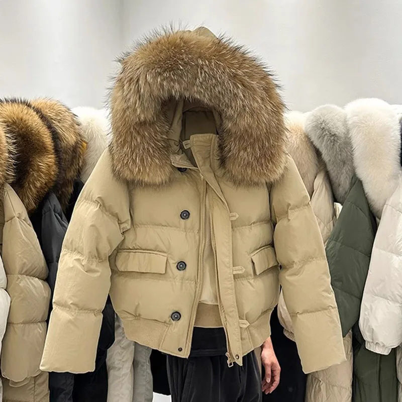 Mulheres parker pato branco para baixo quente com capuz jaqueta feminina 2025 nova moda grande gola de pele de alta qualidade jaqueta feminina h478