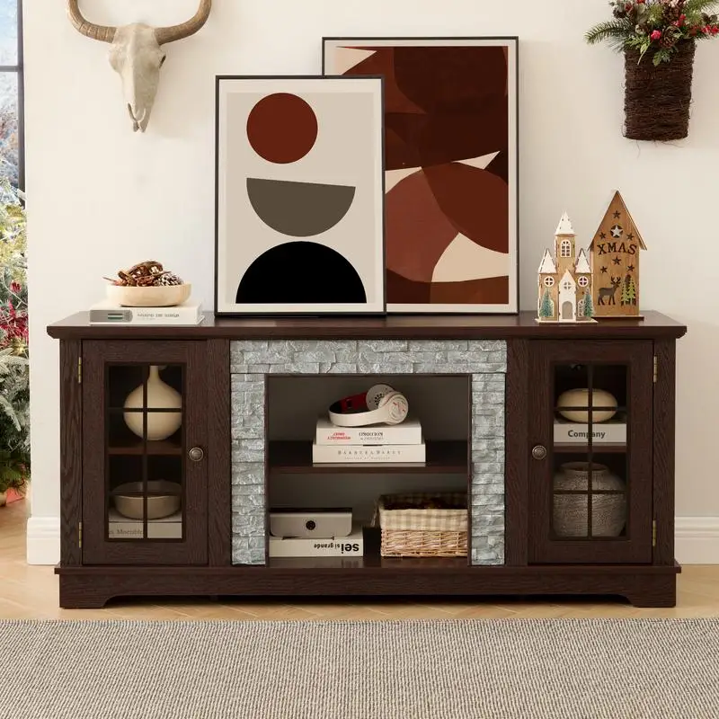 

58" Modern TV Stand with 2-Door Storage, Faux Stone Media Console, Cherry Entertainment Center for Living Room - Stylish Design