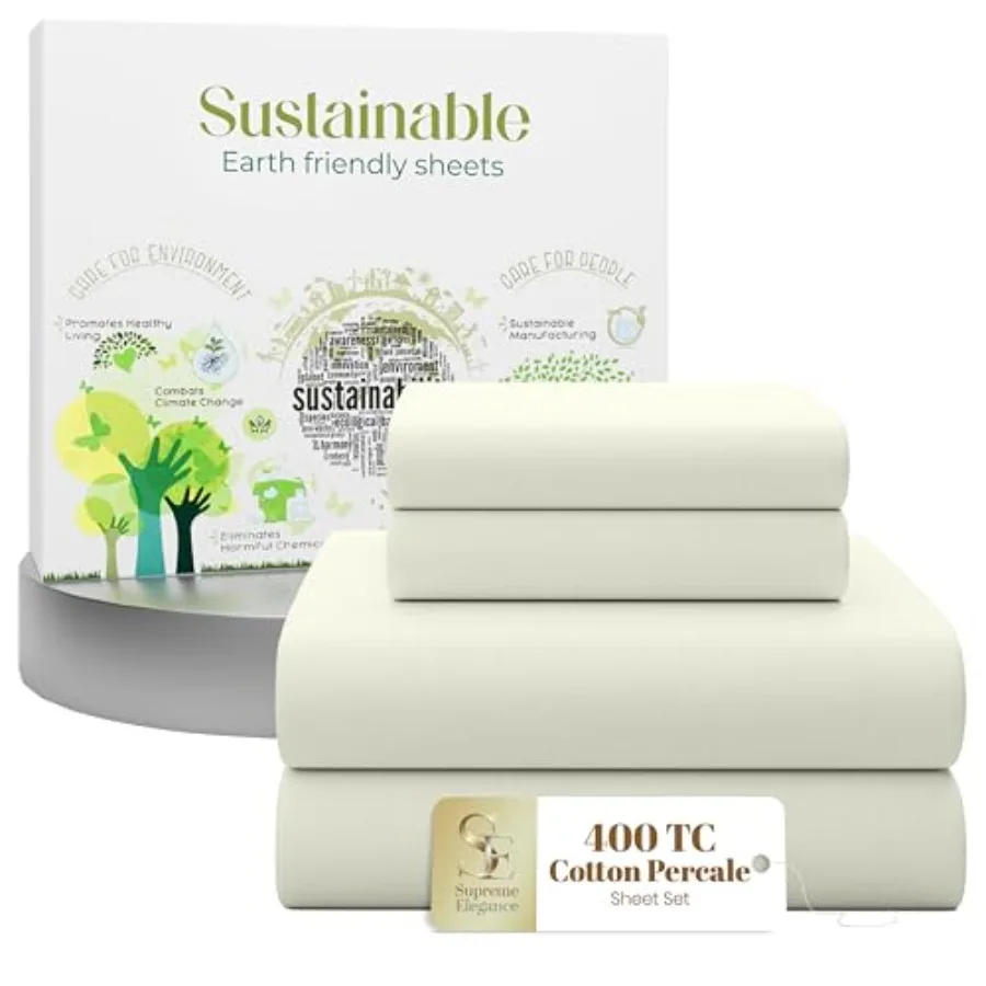 

4 Pcs 100% Cotton Size Sheets Set Light Ivory 400 Thread Count Percale Weave Deep Pocket Fitted Sheet Cooling Long Staple Cotto
