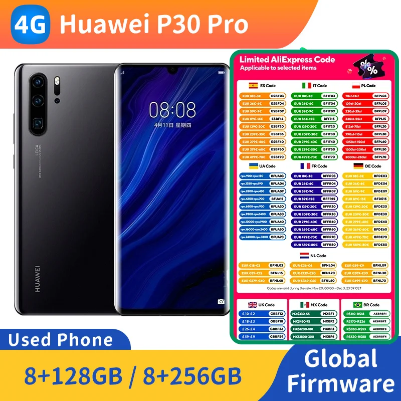 هاتف Huawei P30 Pro 4g الذكي CPU Kirin 980 6.47 بوصة 128 جيجابايت/512 جيجابايت هواتف Google Play الأصلية EMUI المستخدمة