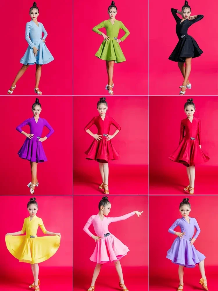 New Children's Latin Dance Dress Girls' Dance Practice Skirt Latin Dance Suit Long Sleeve Competition Split Dress Women's Perfom