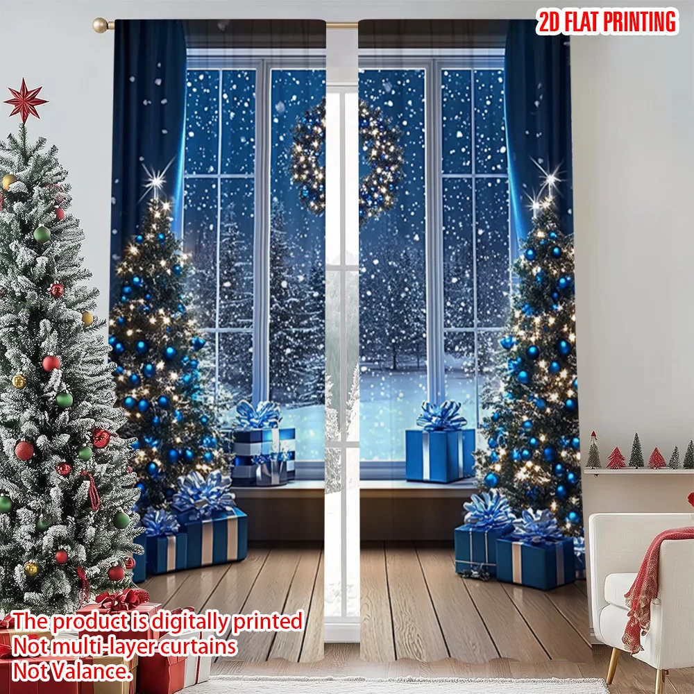 

2pcs 2D flat printing Merry Christmas Popular Curtains winter wonderland 00 Versatile Durable Polyester Without Electricity
