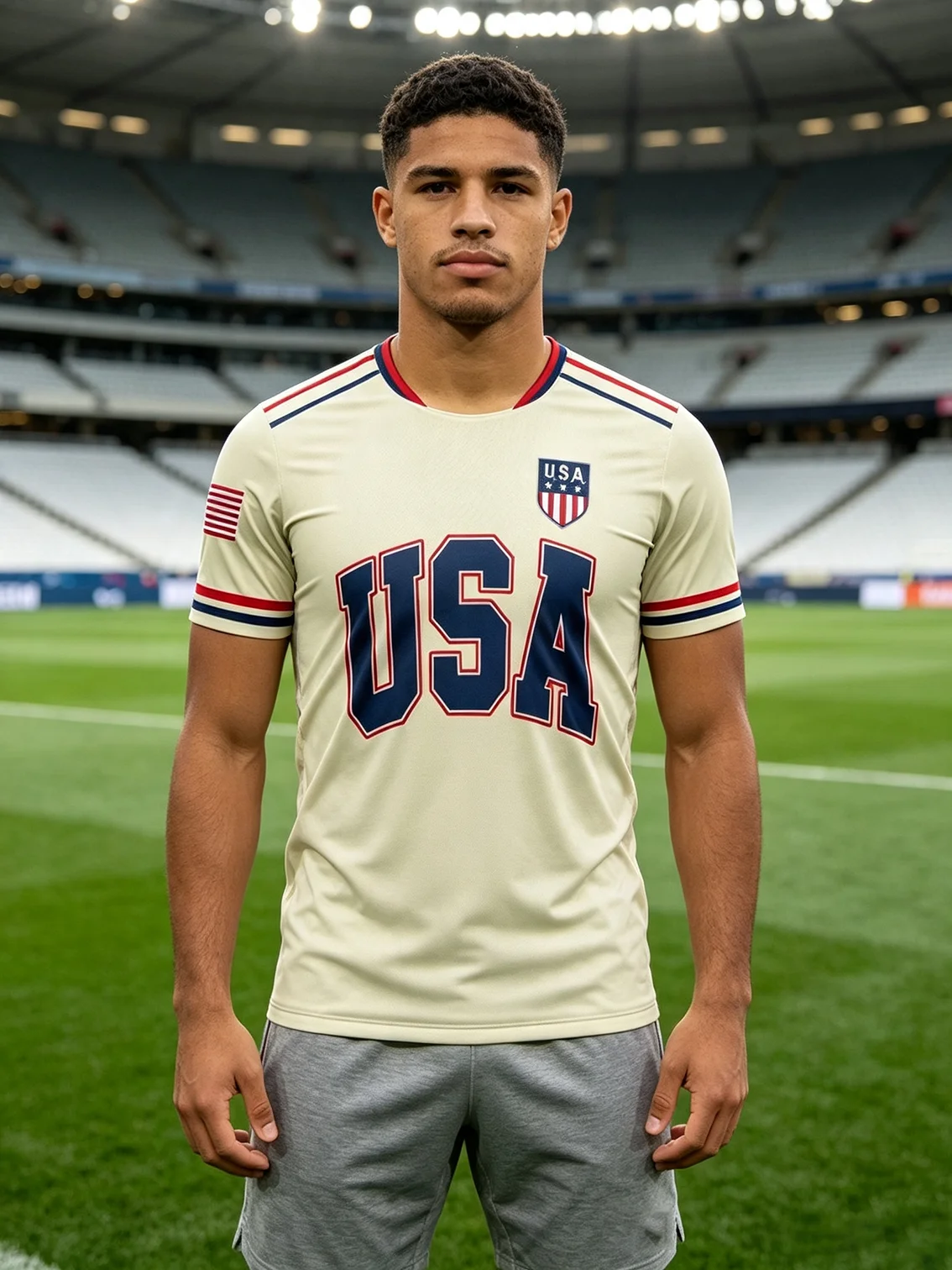 Vintage cream‑toned USA soccer jersey printed with the Statue of Liberty and trimmed contrast cuffs for retro American charm