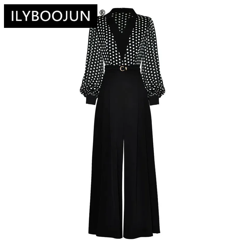 ILYBOOJUN Summer Fashion Designer New Jumpsuits Women Polka Dot Print V Neck Pocket Lantern Sleeve Commuter Office Jumpsuits