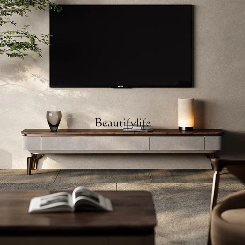 

02 Light luxury North American black walnut TV cabinet high-end large flat-floor villa minimalist Italian living room floor cabi