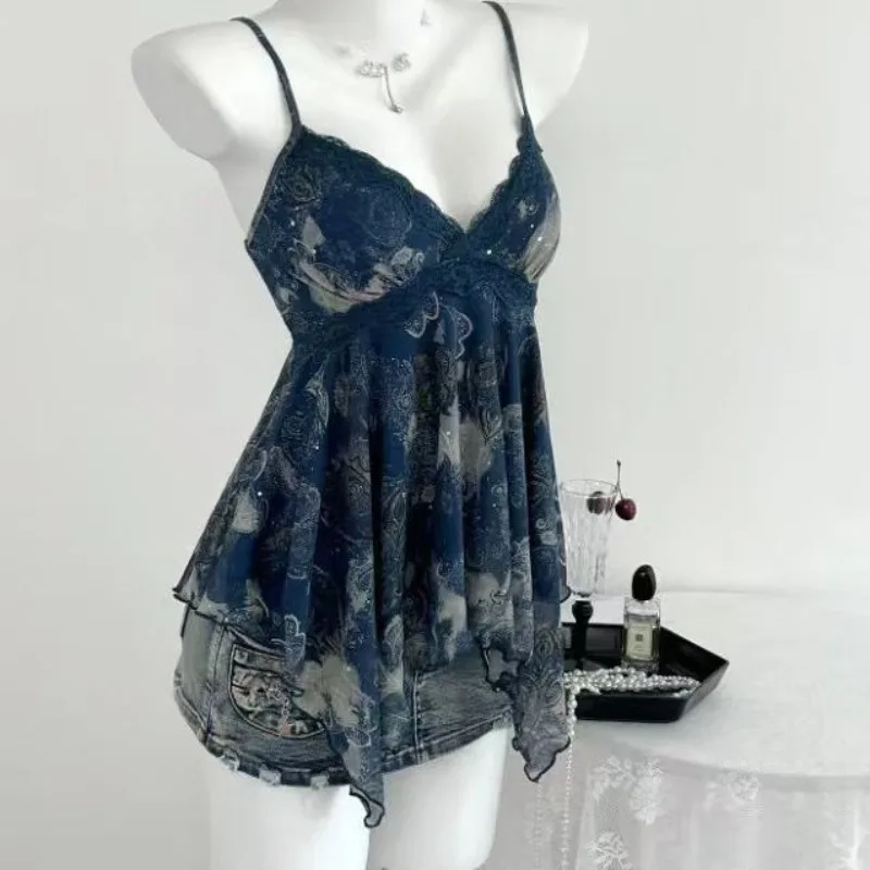 Damen Y2K Paisley-Print Spitzen-Cami-Top Lässiges Amerikanisches Retro Asymmetrischer Saum V-Ausschnitt Slim Fit Coquette Streetwear Tanktop Sommer