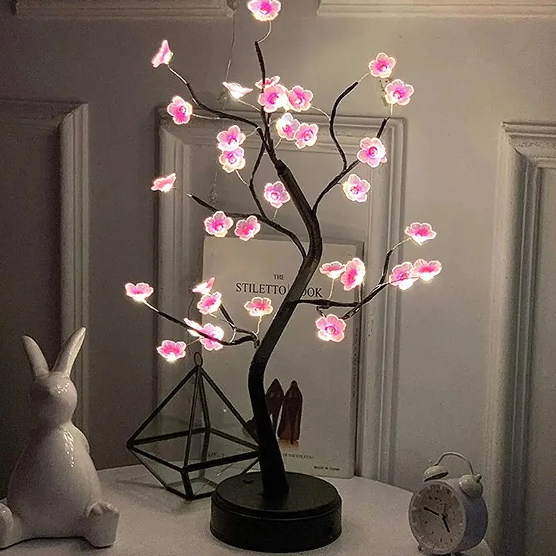 Table arbre veilleuse USB/alimenté par batterie interrupteur tactile bonsaï artificiel fleur de cerisier arbre de bureau lampe à LED décoration lumineuse