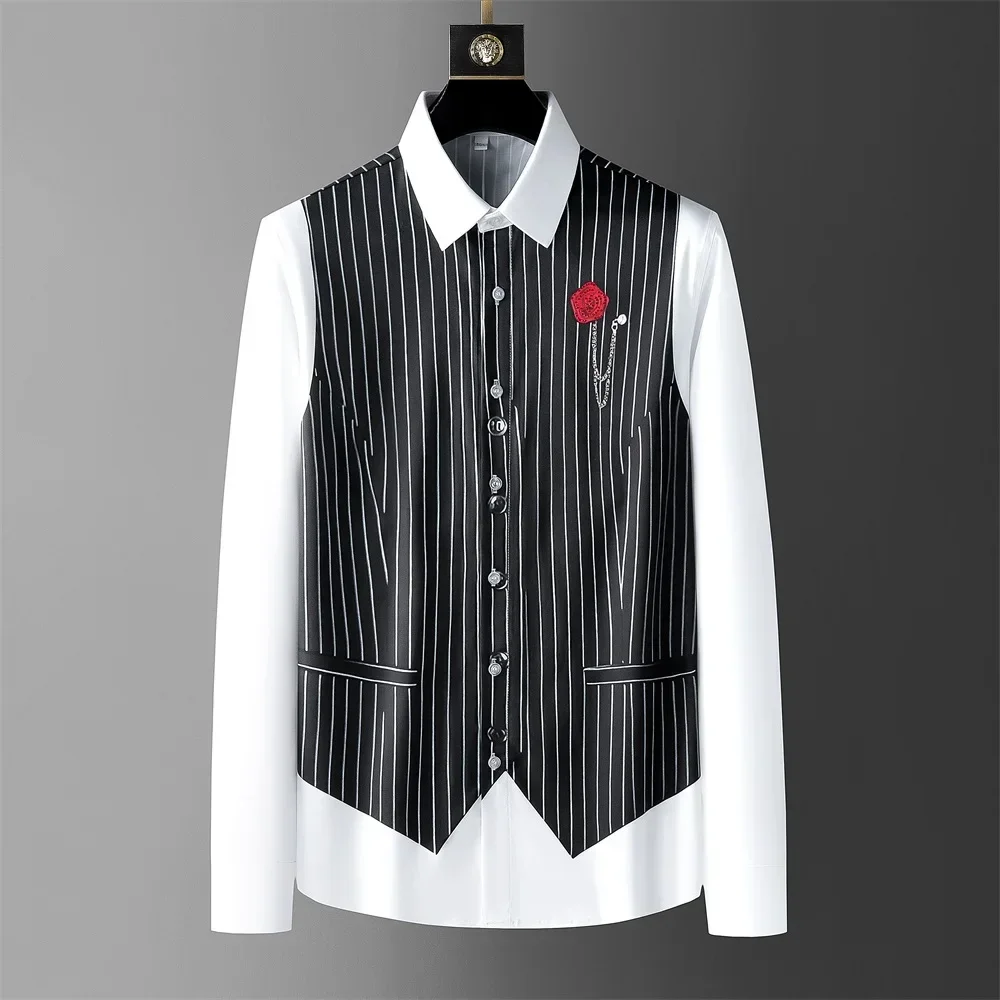 2024 British Style Fake Two Shirts for Men Fashion Long Sleeve Casual Business Shirts Social Party Service Staff Uniform Shirt