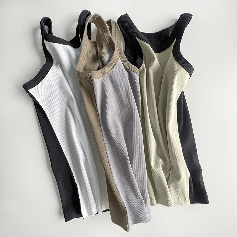 

New Organic Cotton Threaded Rib Tank Clashing Color Work Vest Stretch Slim Sports Tops