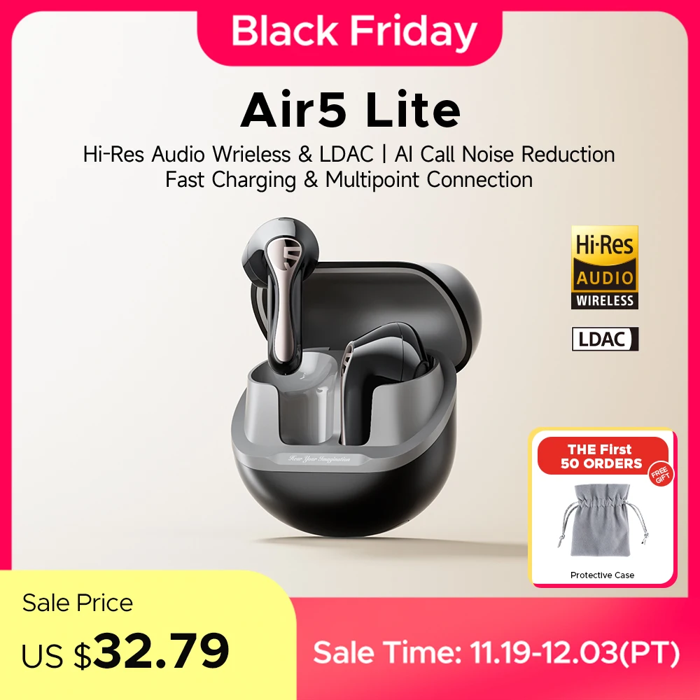 SoundPEATS Air5 Lite Bluetooth V5.4 Earbuds LDAC Hi-Res Audio Wireless Earphone, 13mm Driver, IPX5 Waterproof,Multipoint Pairing