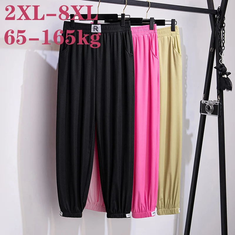 

100/150kg Big Size Women Clothing Oversized Leggings Closure Pants Show Thin Summer High Waist Loose Ankle-length Pants 7XL 8XL