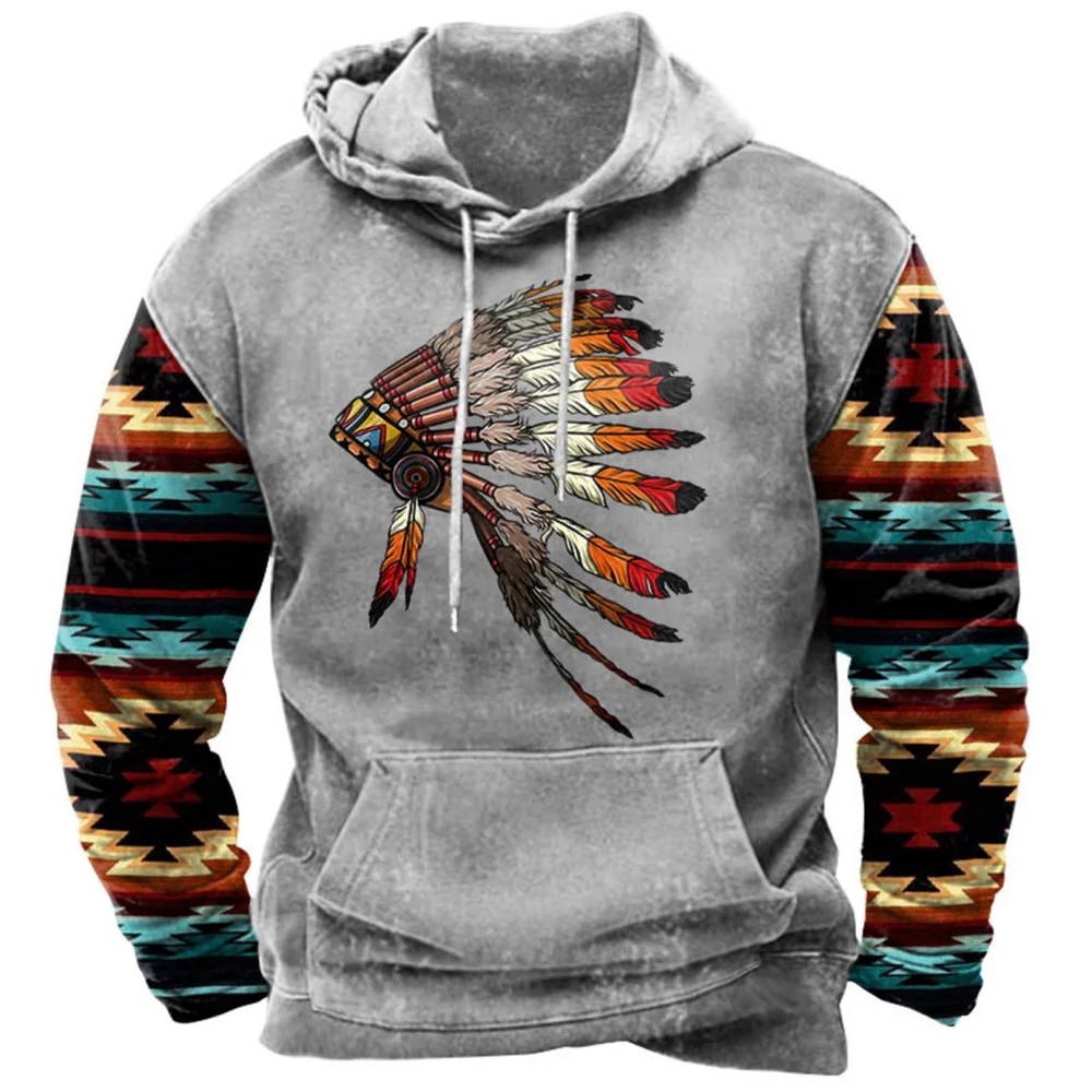 

Indian Feather Totem Vintage Men's Hoodie Oversized Autumn winter spring Hooded Sweatshirt Casual Harajuku Full Sleeve Clothes