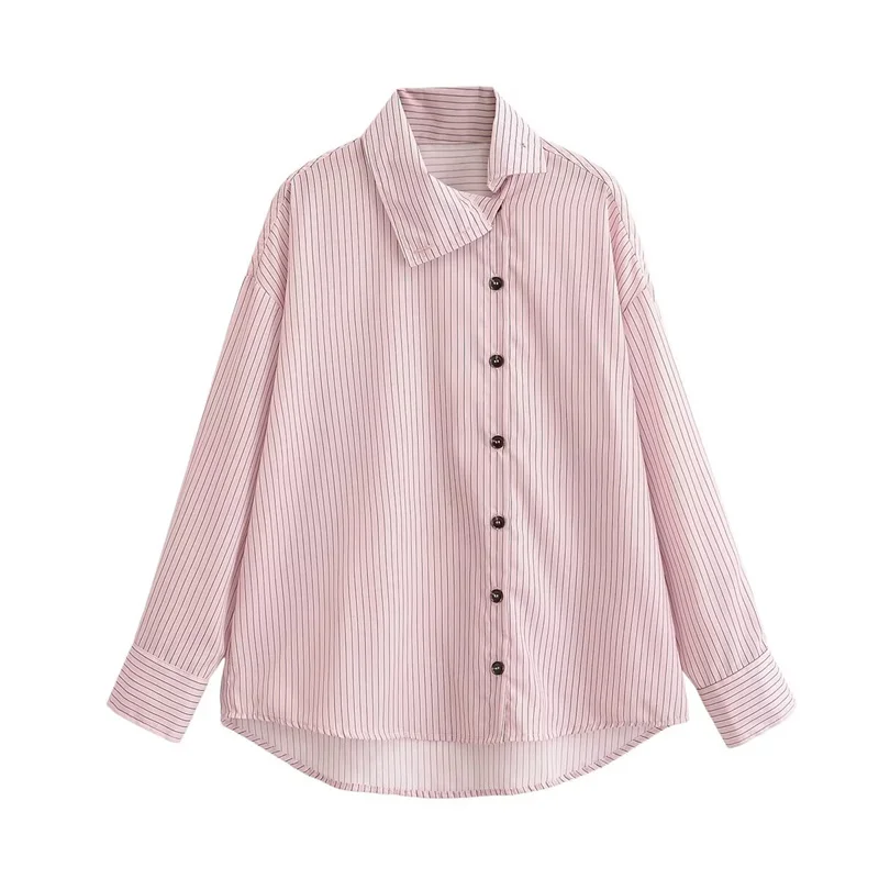 Chemise Femme Printemps 2026 Nouveau Style Rose Rayée Manches Longues Col Montant Boutonnage Simple 