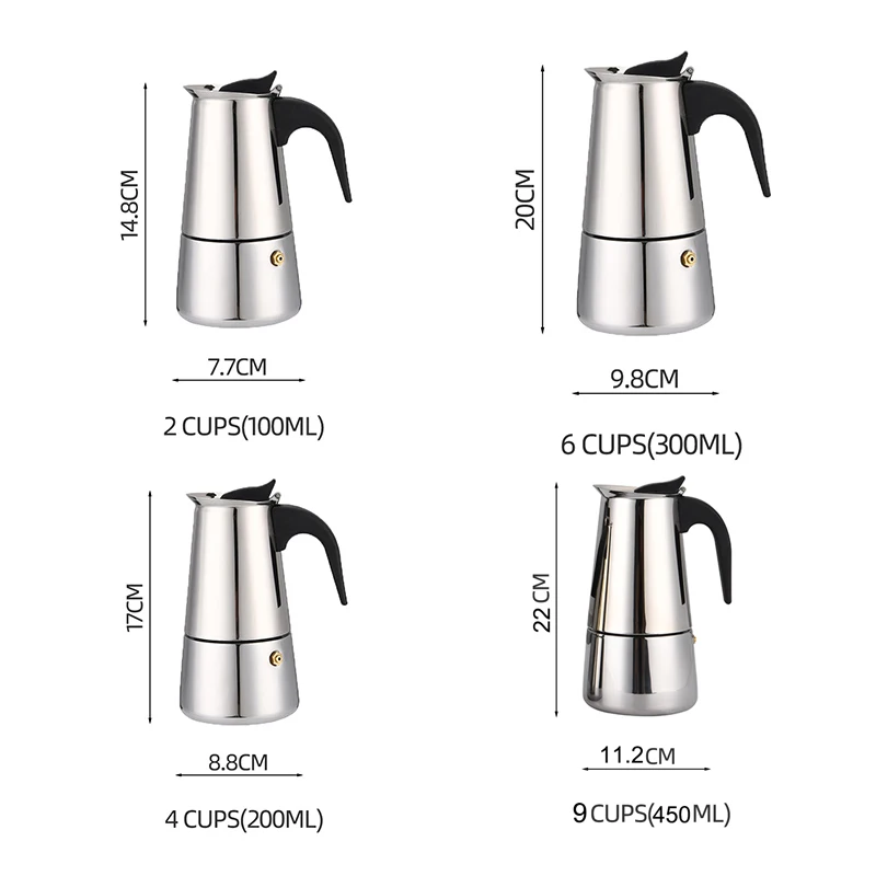 Cafetera Moka de Acero Inoxidable de 2/4/6/9 Tazas - Cafetera Espresso de Cilindro Recto para Gas/Eléctrica/Inducción, Cafetera Italiana, Profesional