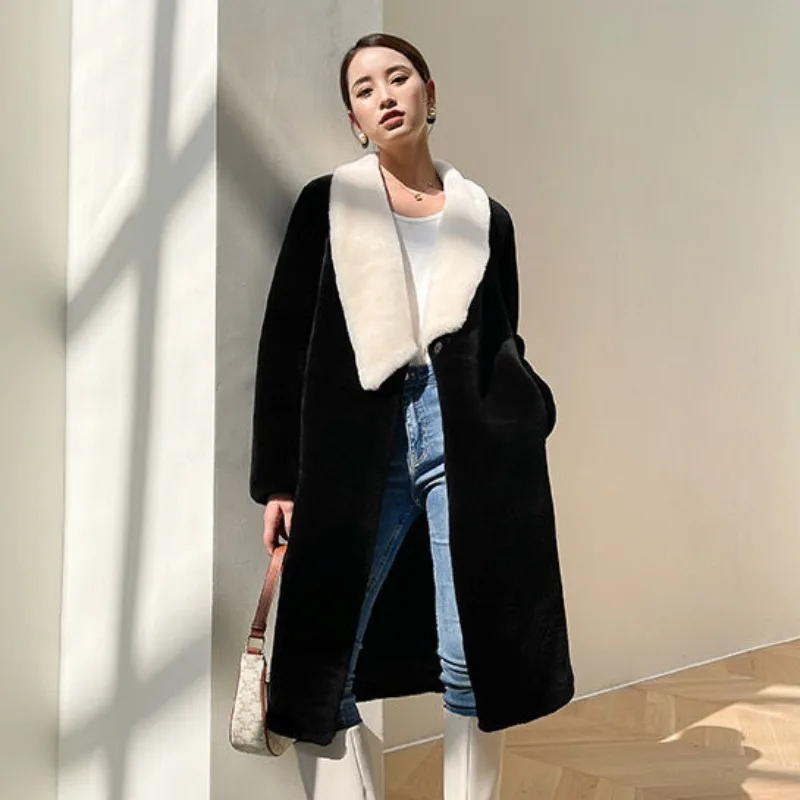 

Women's Hepburn Style Coat, 100% Lamb Wool, Contrast Color, Composite Fur, Long Below the Knee, Casual Fashion Outwear, Winter