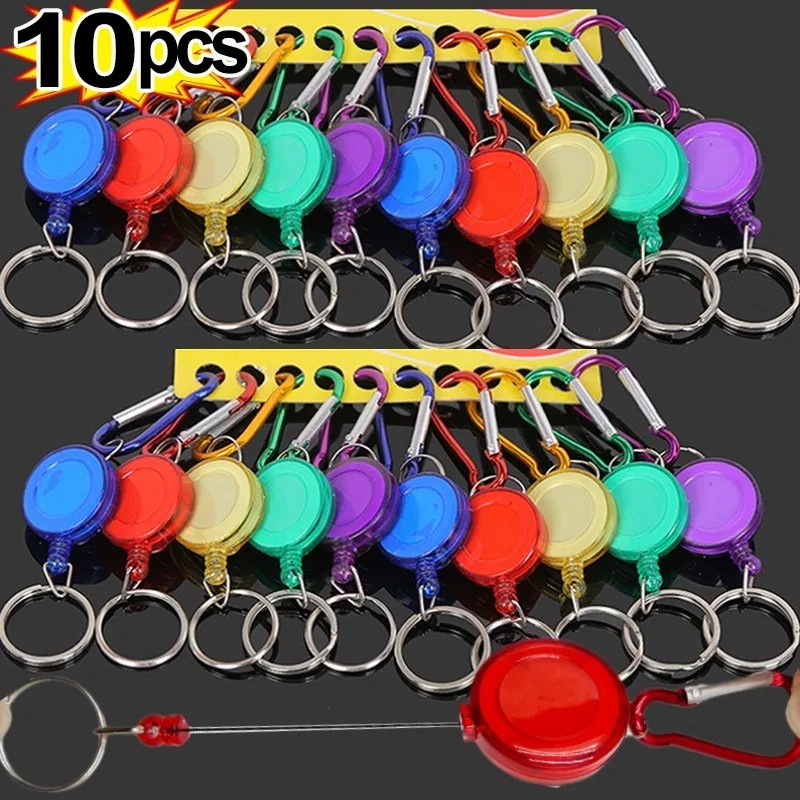 1/10pcs Retractable Steel Cord Pull Reel Keychains Buckle Clasp Wire Rope Key Ring Recoil ID Card Holder Sporty Multiple Tools