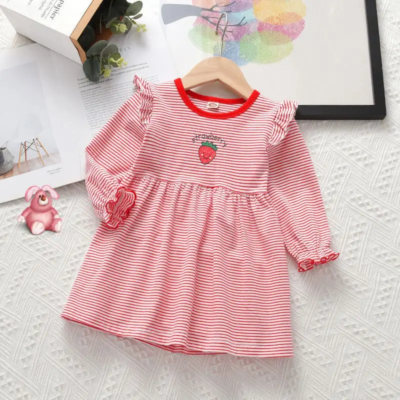 

Girls Casual Dresses Strawberry Print Striped Lace Dress Kids Dresses for Girls 2 To 6 Years Party Dress for Kids Girl