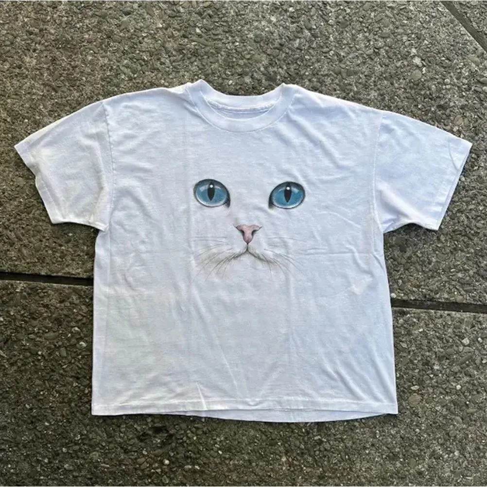 Cat Face T-Shirt, Y2k Cat Shirt, Animal Tee, Gifts Shirt, Unisex Vintage Graphic Tees Gothic Grunge Y2k Emo Scene Amity Affliction Style Clothes Men Women Streetwear