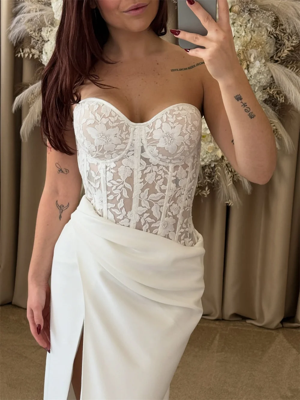 فستان زفاف كيوتو مخصص باللون الأبيض بدون حمالات من الدانتيل حورية البحر أنيق بدون أكمام من فيستدوس دي نوش بطول الأرض للسهرات الرسمية