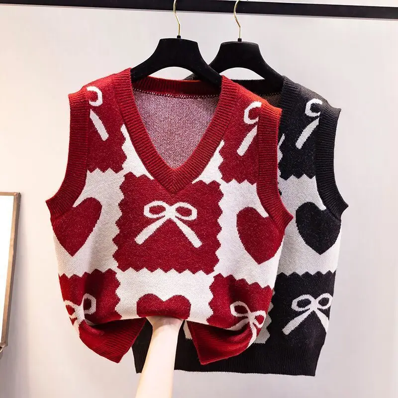 

Baby Girl's Vest Knitted Spring and Autumn Winter Baby V-neck Loose New Fashion Outfit Black Red