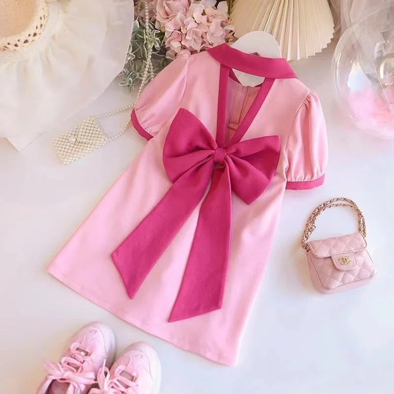 Girls Summer Dress 2023 New Girls Summer Bow Fashionable Princess Dress Polo Little Girls Cartoon Beautiful Dress Kids Clothing