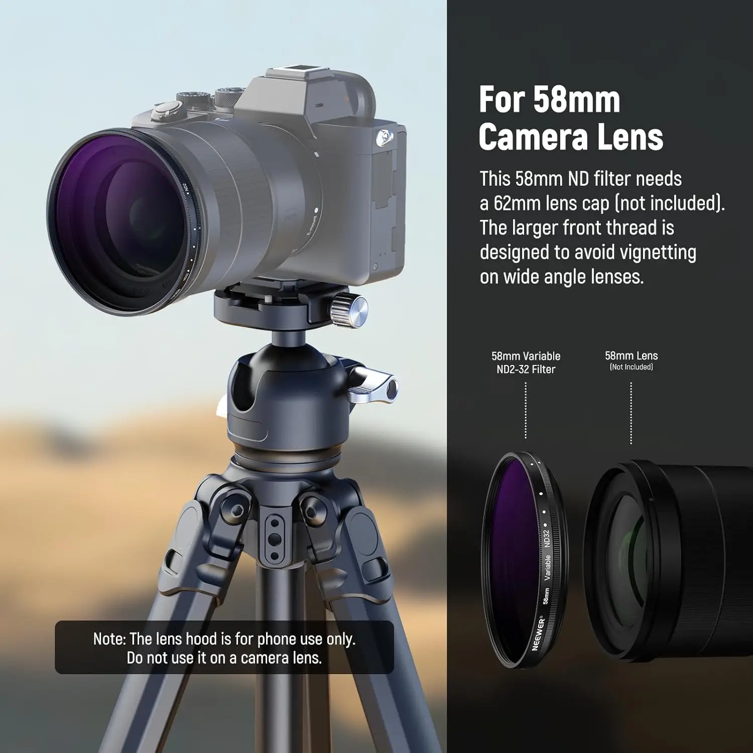 NEEWER 58 مللي متر مرشح ND متغير ND2-32 1-5 مرشح كثافة محايدة قابل للتعديل لعدسة الهاتف المقربة 65 مللي متر وعدسة الكاميرا 58 مللي متر