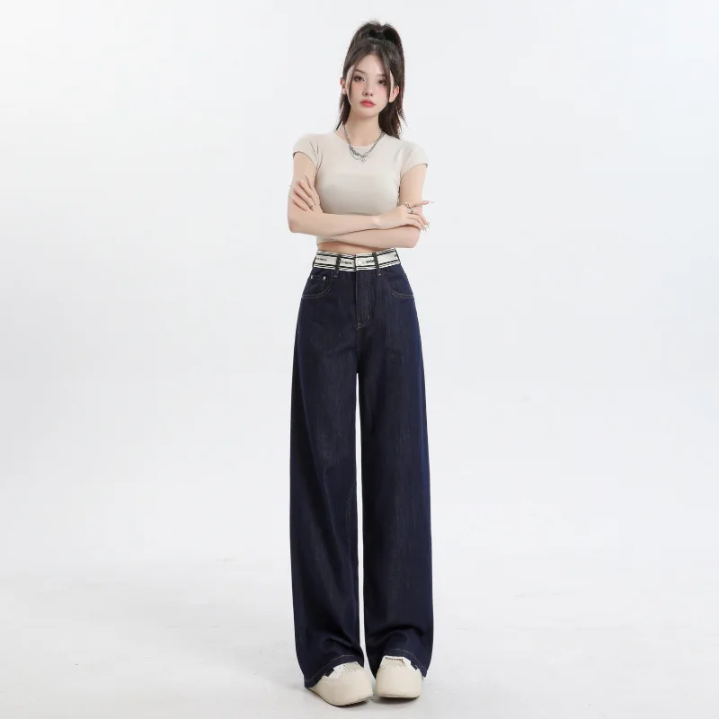 Retro Deep Blue Straight Leg Denim Pants with Women's Patchwork Letters, Waist and Head Hanging Feeling, Wide Leg Floor Pants