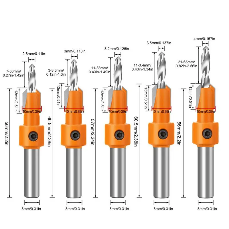Verzonken Boor Set 8Mm 10Mm 5 Stuks Elektrisch Gereedschap Voor Houtbewerking Houtbewerking Gereedschap Verzonken Boor Bit Voor Hout Mdf Acryl