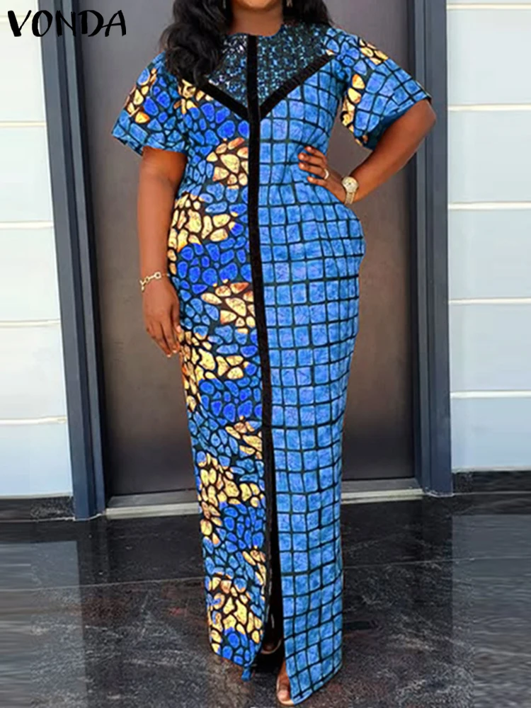 VONDA 보헤미안 여름 롱 드레스 여성 빈티지 짧은 소매 Maxi Sundress 2025 캐주얼 프린트 패치 워크 비치 베스 티드 오버 사이즈
