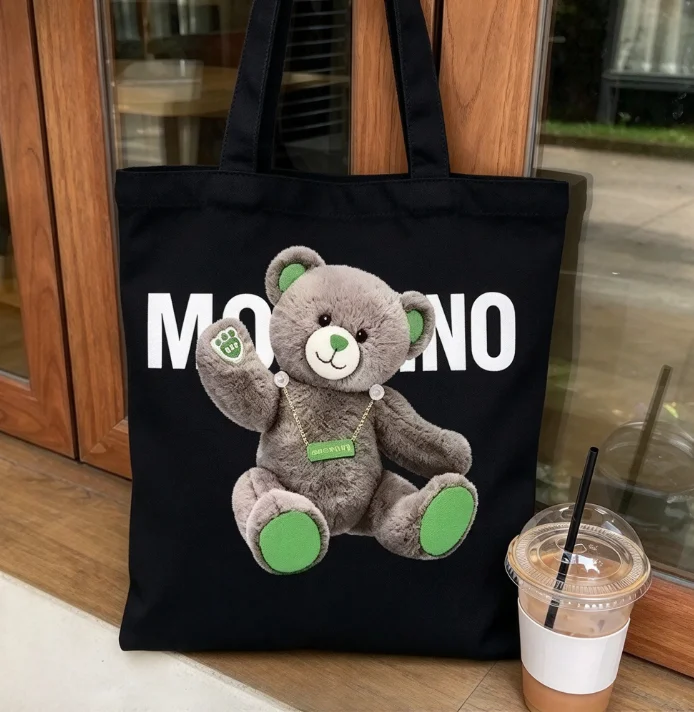 2026 new Canvas Tote Bag Plush Teddy Bear Print Large Capacity Shoulder Bag Women Casual Daily Shopping Handbag