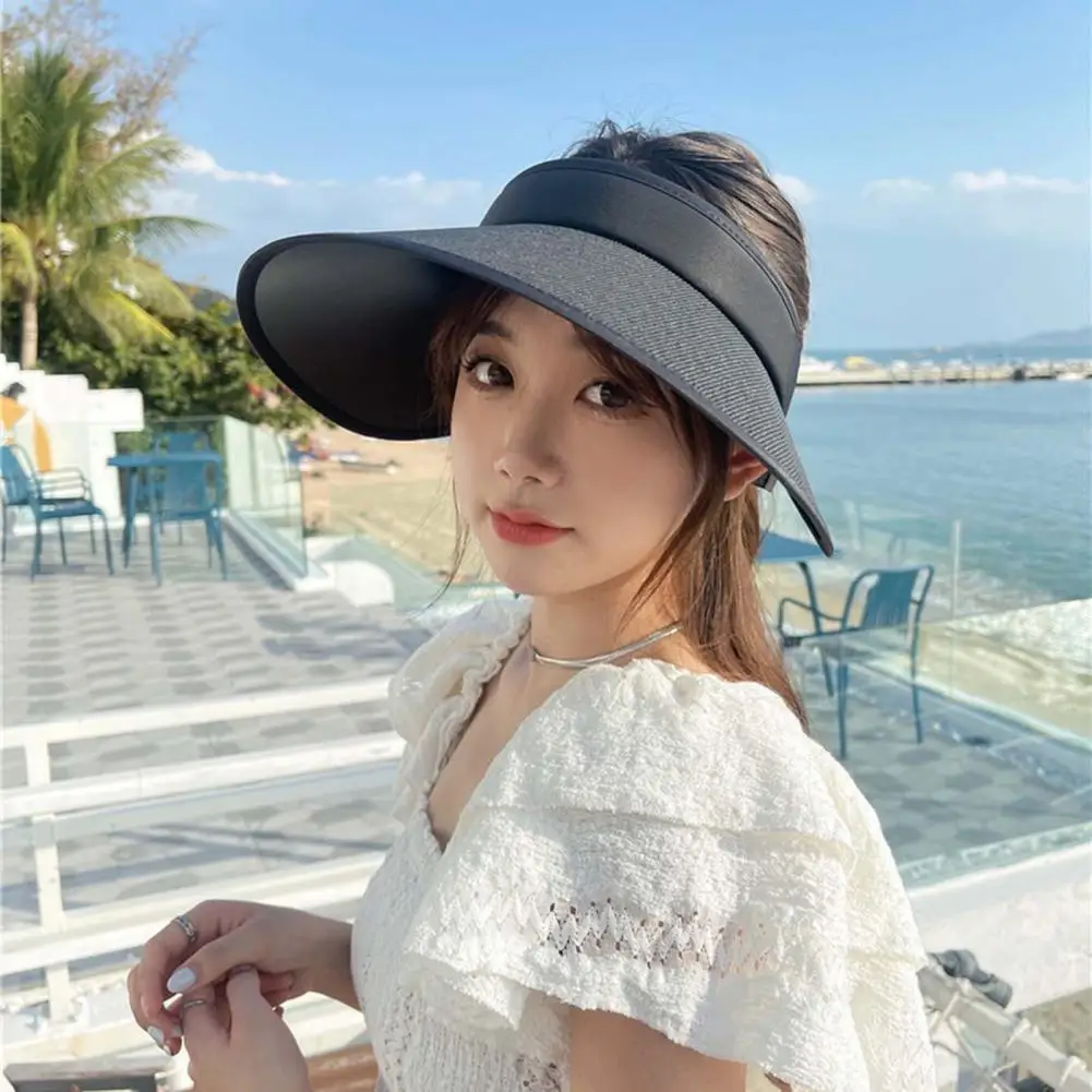 Sun Hat Breathable Empty Top Wrap Type Adjustable Buckle Double Layers Sun-proof Foldable Women Wide Brim Straw Visor Sun Hat