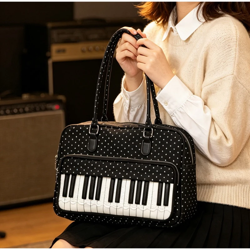  Polka Dot Piano Key Schultertasche, Damen Bowling Nylon Handtasche, Y2k Teenager Mädchen Große Kapazität Pendel- und Reisetasche, Süße Niedliche Tragetasche – Detail 9