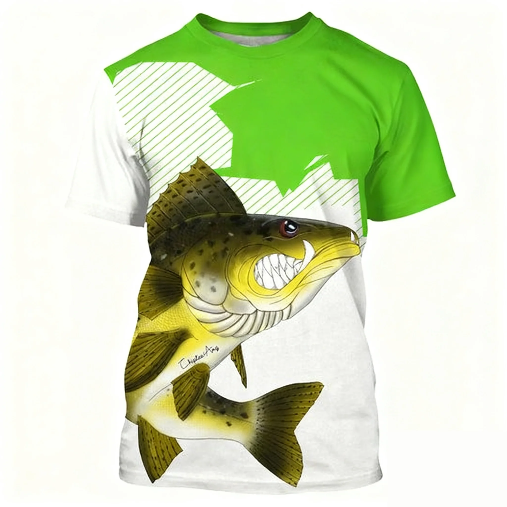 قميص صيد فضفاض بأكمام قصيرة مطبوع عليه سمكة السلور الكرتونية، سريع الجفاف، ماص للعرق، ملابس رياضية مريحة لصيد الأسماك