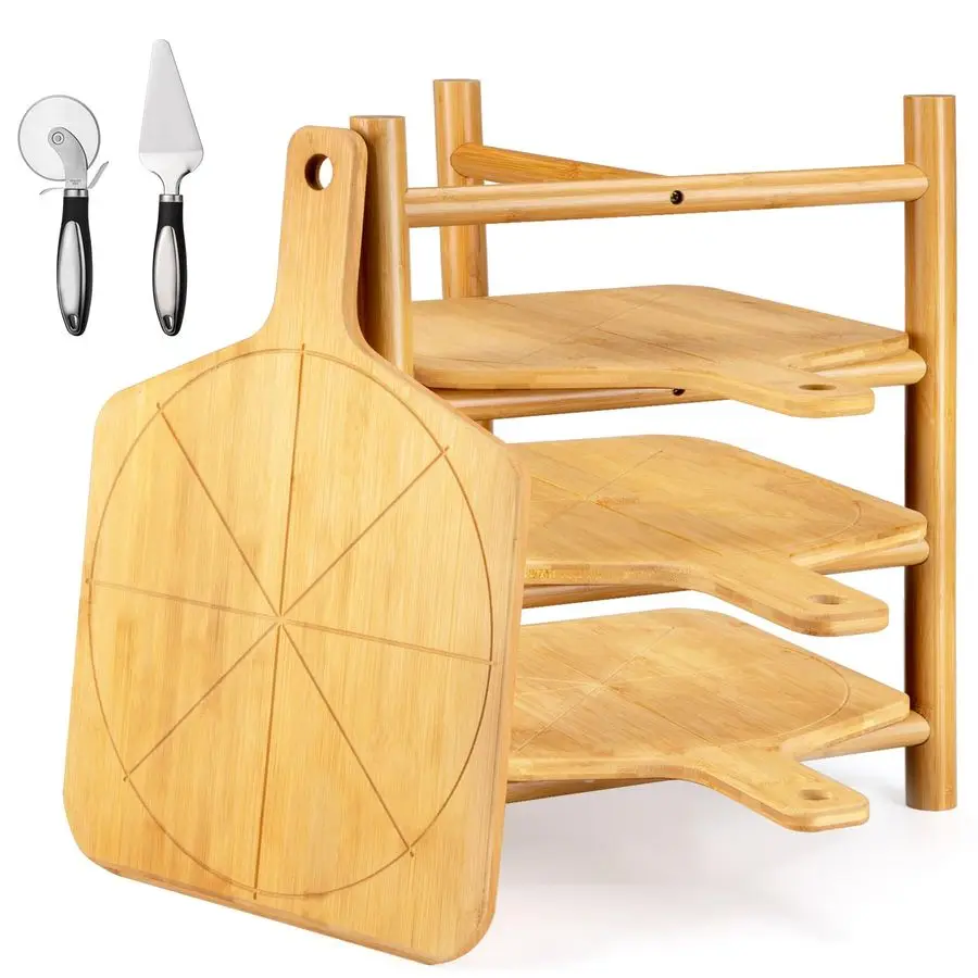 

pcs Pizza Peel with Stand Smooth Pizza Paddle Pizza Cutting Board with 6 Slice Grooves Premium Serving Tray with Stainless Steel