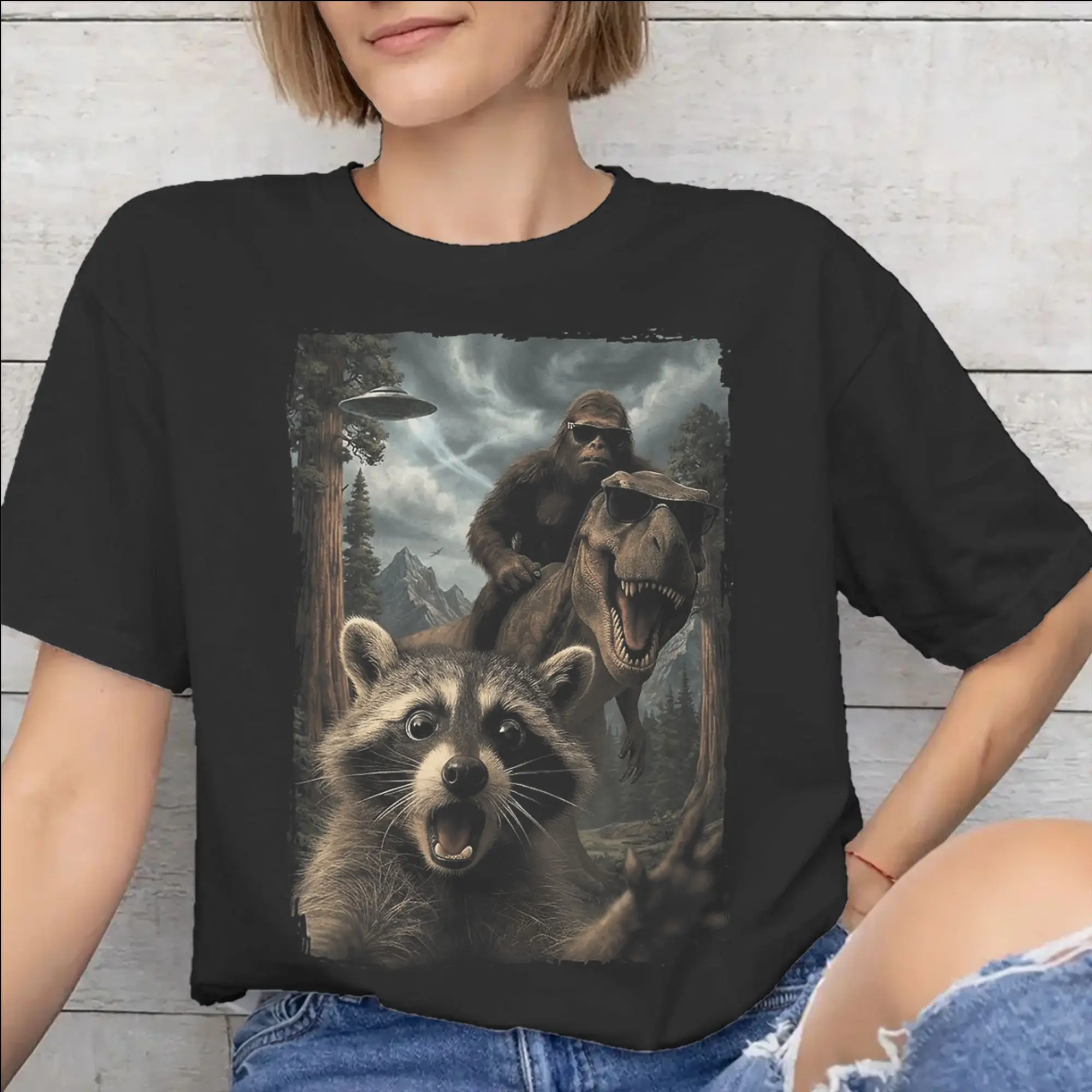 Men Women Graphic Printed Funny Bigfoot Ride Dinosaur Raccoon T Shirt Tee Pure Cotton  T-shirts Clothing