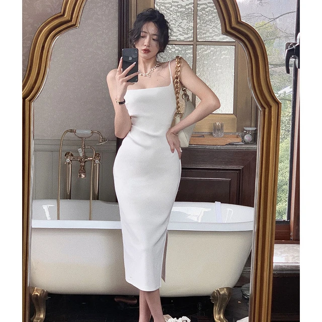 Sexy Evening Party abito lungo bianco elegante solido senza maniche cinturino diviso vestito aderente stile spiaggia donna vestito intero coreano AliExpress
