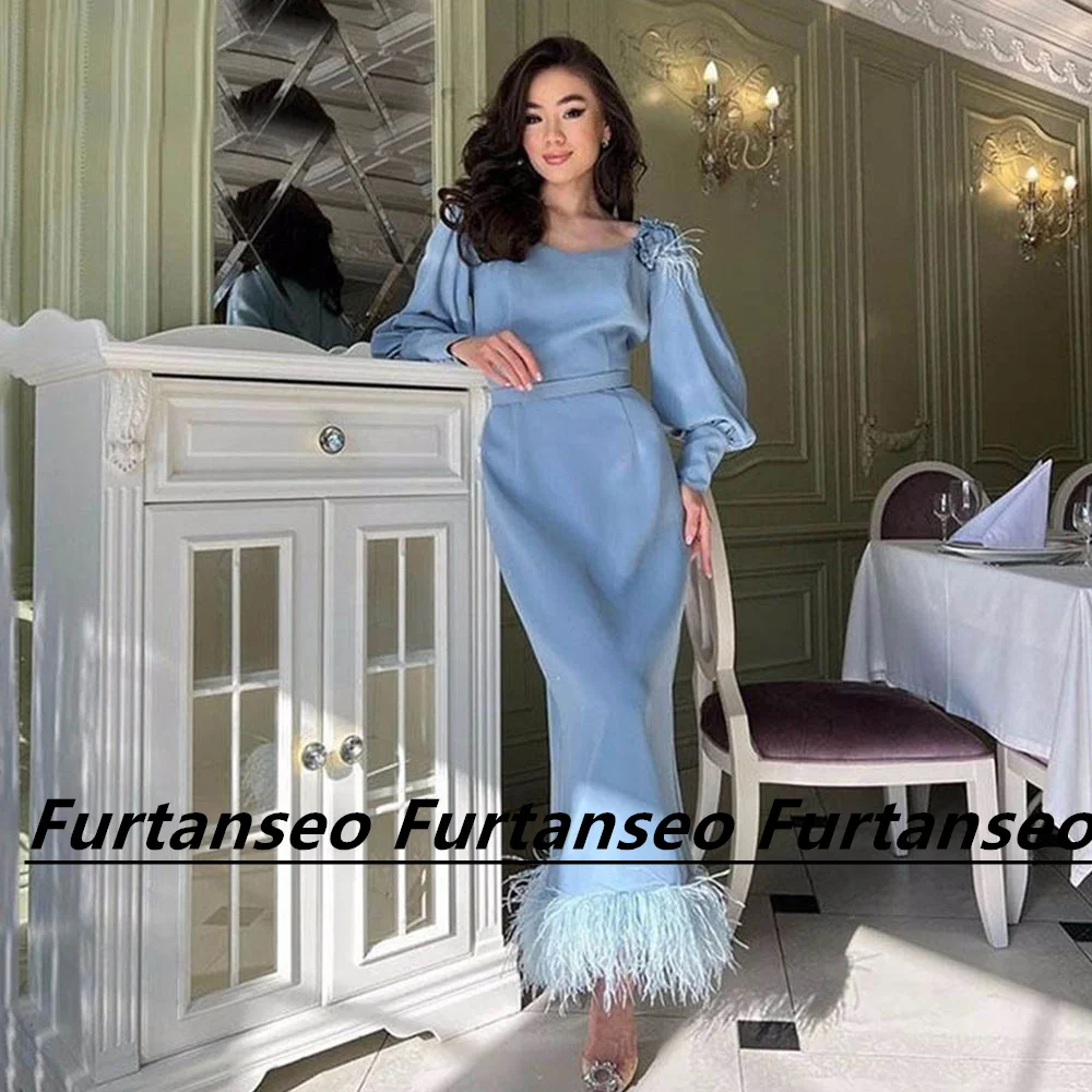 

Elegant Blue Mermaid Prom Dress Long Sleeve Scoop-Neck With Feather Ankle-Length Zipper AppliqueVestidos Para Eventos Especiales