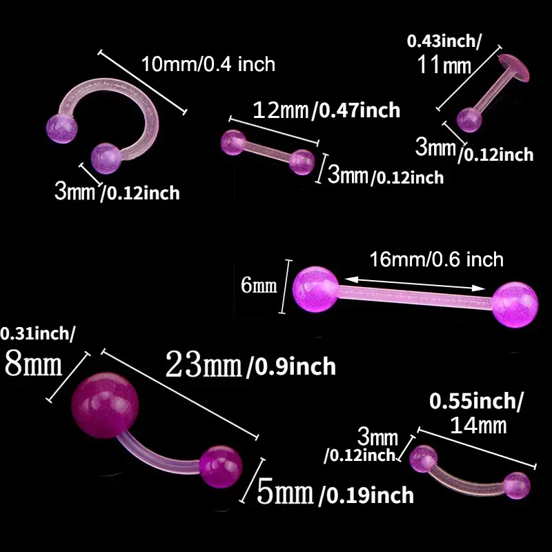 10/60pcs Glow In Dark Flexible Tongue Belly Lip Eyebrow Septum Ear Cartilage Daith Helix Piercing Earrings Punk Body Jewelry