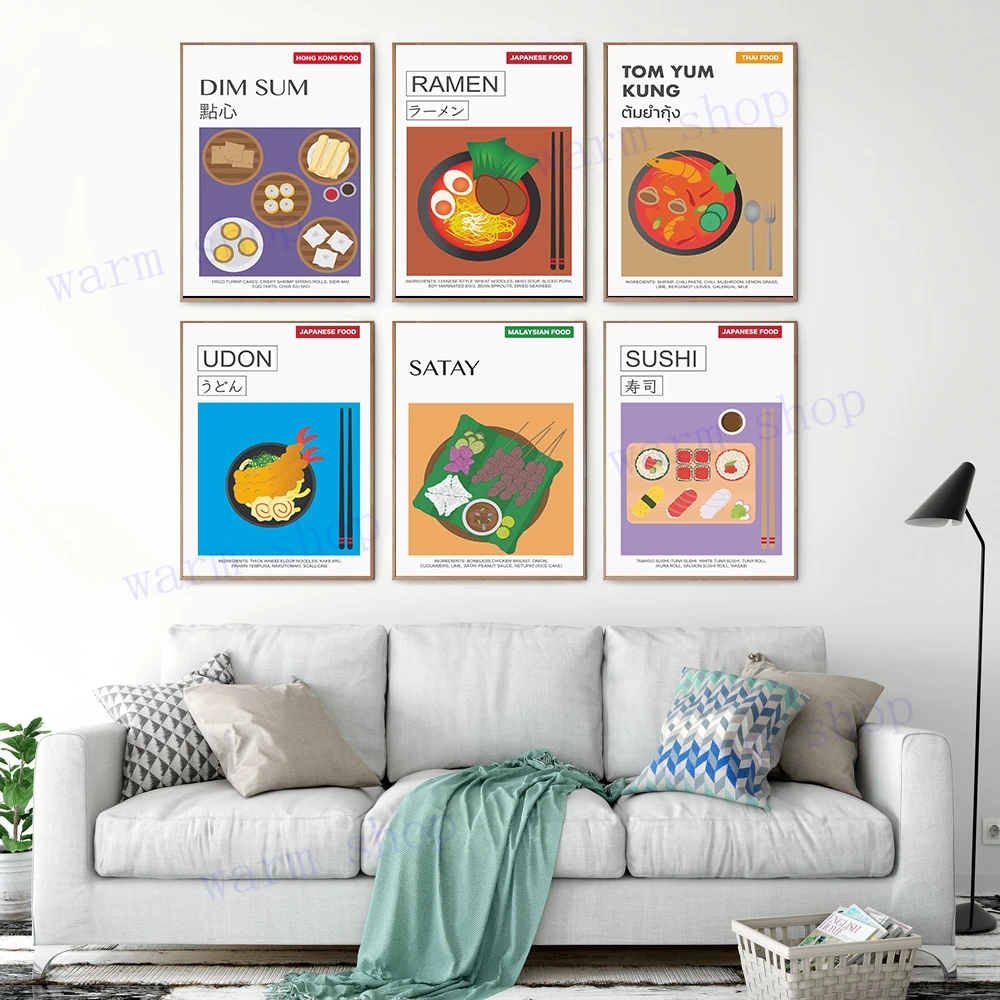 Japan Hong Kong Thailand Malaysian Delicacy Foods Wall Art Poster Print Udon Ramen Rice Cartoon Canvas Restaurant Kitchen Decor