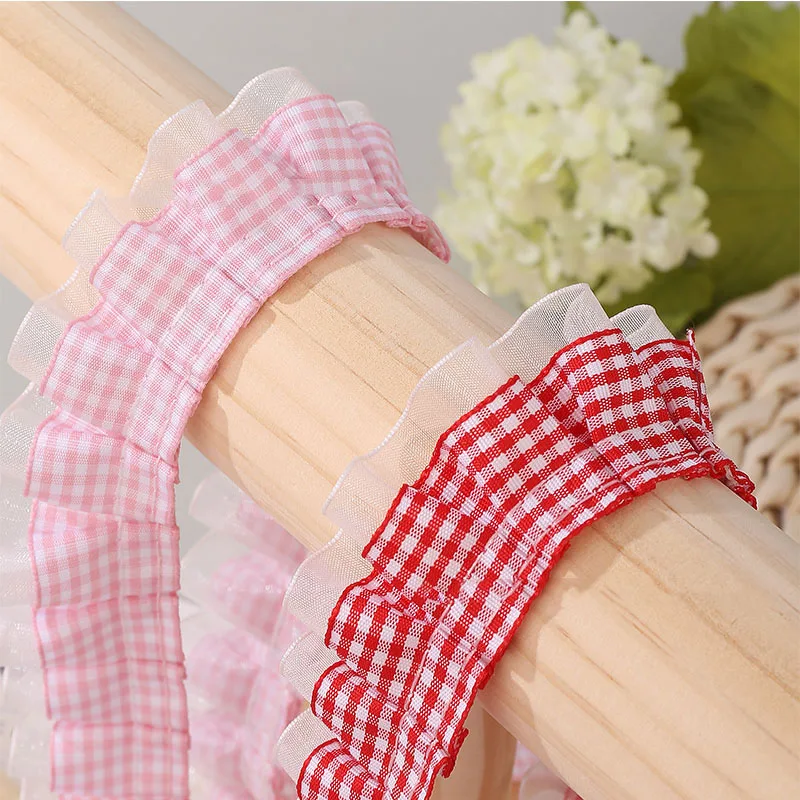 1/2/5M Gingham Ruffled Lace Trim 3.5cm Wide Colorful Plaid Yarn-Edged Lace Ribbon For DIY Sewing Craft Garment Accessories