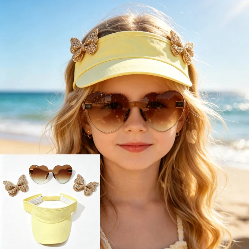 4Pcs/Cute Baby Travel Hat Set – Sun Hat with butterfly hair Hairpin & Kids Sunglasses for Outdoor Beach, Park & Daily Photoshoot